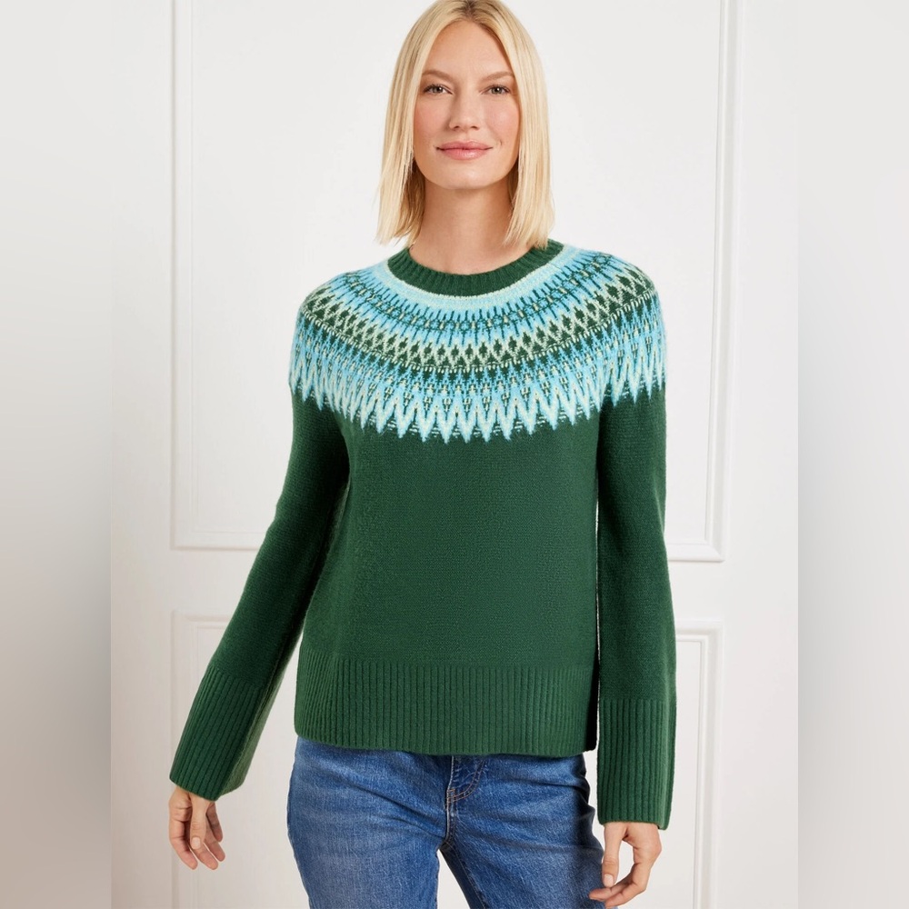 Talbots Forest Green Fair Isle Scoopneck Sweater with Blue Yoke